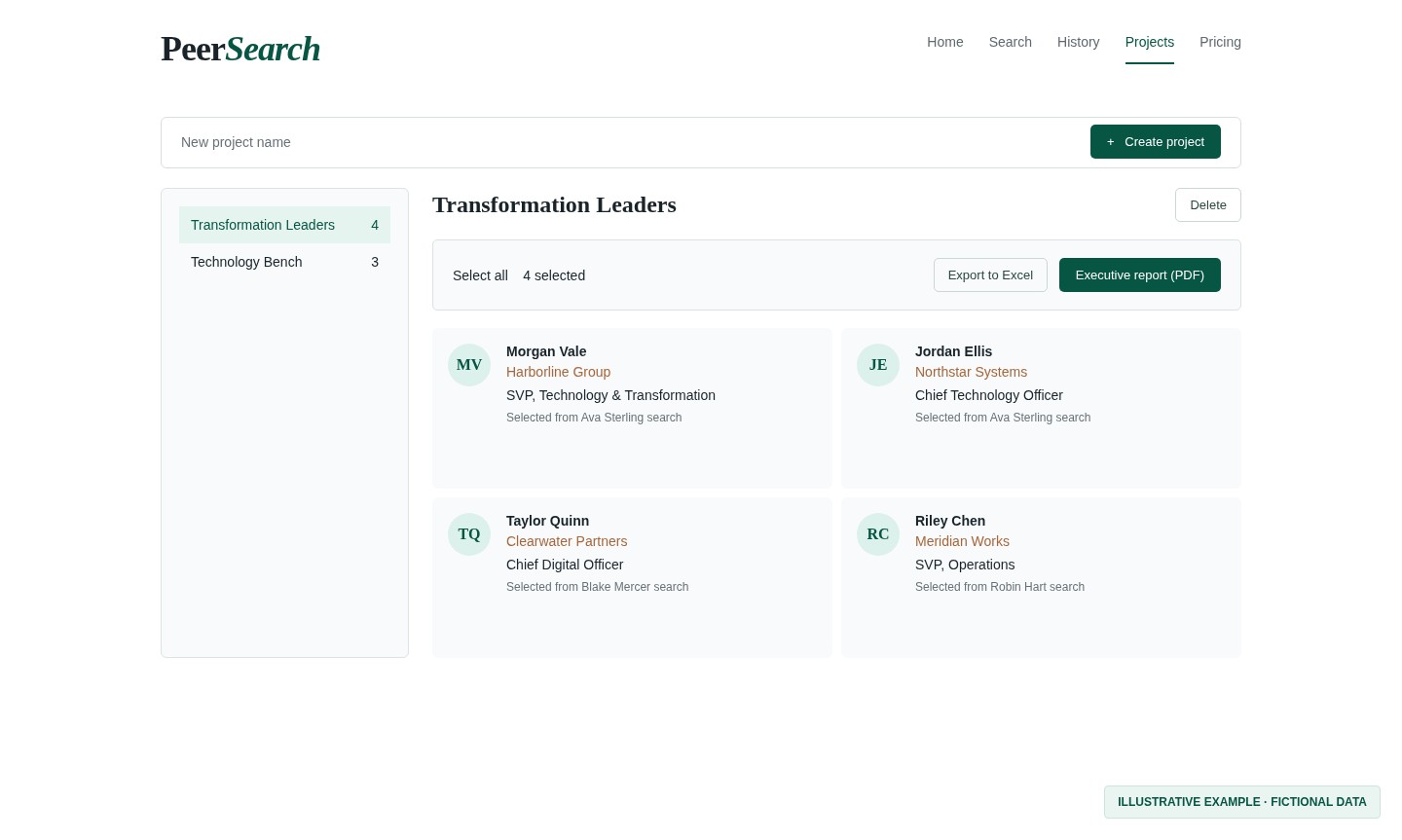 Projects page with export to Excel and executive report